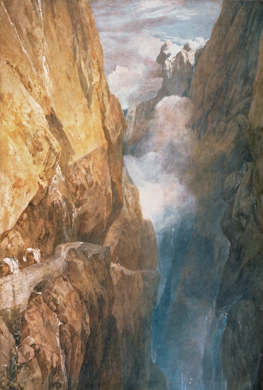 Passage af Mount St. Gotthard fra Devils Bridge, 1804 (wc på papir) af Joseph Mallord William Turner
