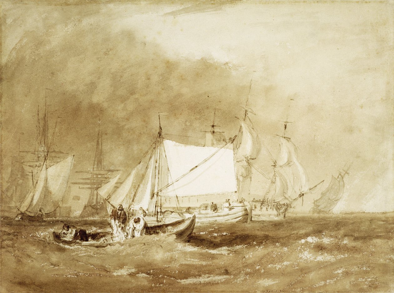 Forsendelsesscene, med fiskere, ca. 1815-20 (pensel og brunt blæk på papir) af Joseph Mallord William Turner