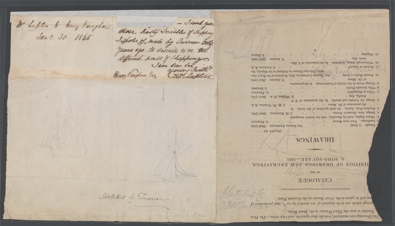 Skitse af to skibe på en katalogside, ca. 1823 af Joseph Mallord William Turner