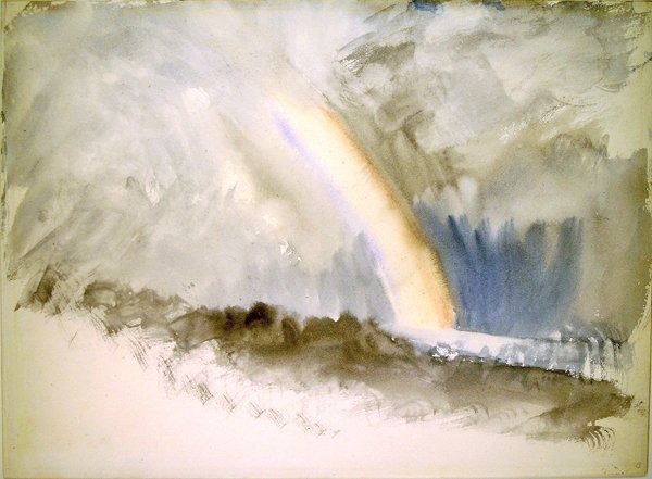 Stormfuldt landskab med en regnbue (akvarel på papir) af Joseph Mallord William Turner