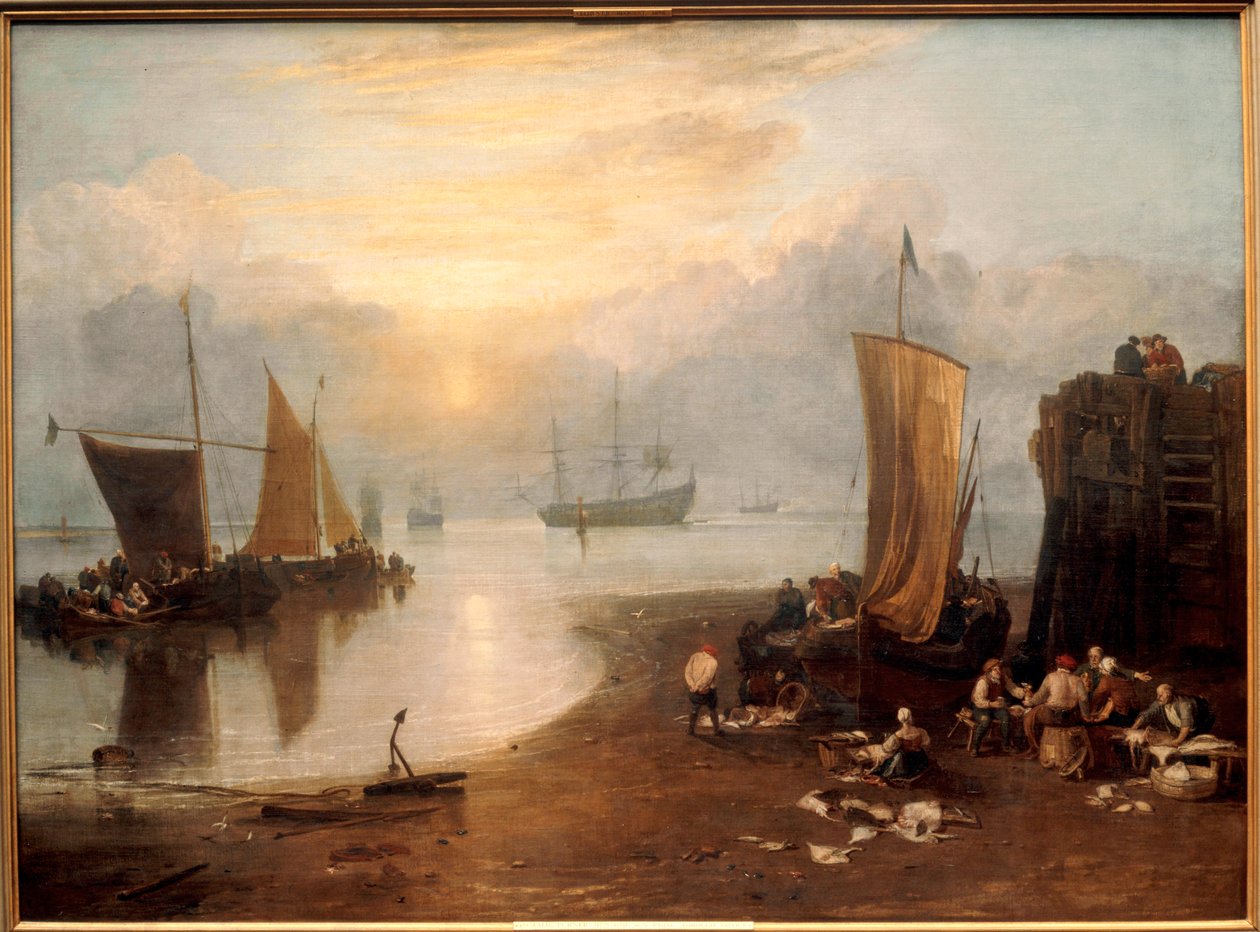 Solen stiger op gennem damp: Fiskere renser og sælger fisk ... (maleri på lærred) af Joseph Mallord William Turner