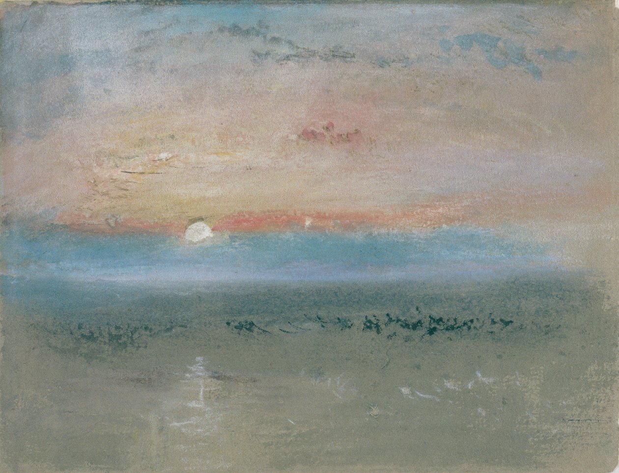 Solnedgang, ca.1830 (wc og gouache på gråt papir) af Joseph Mallord William Turner