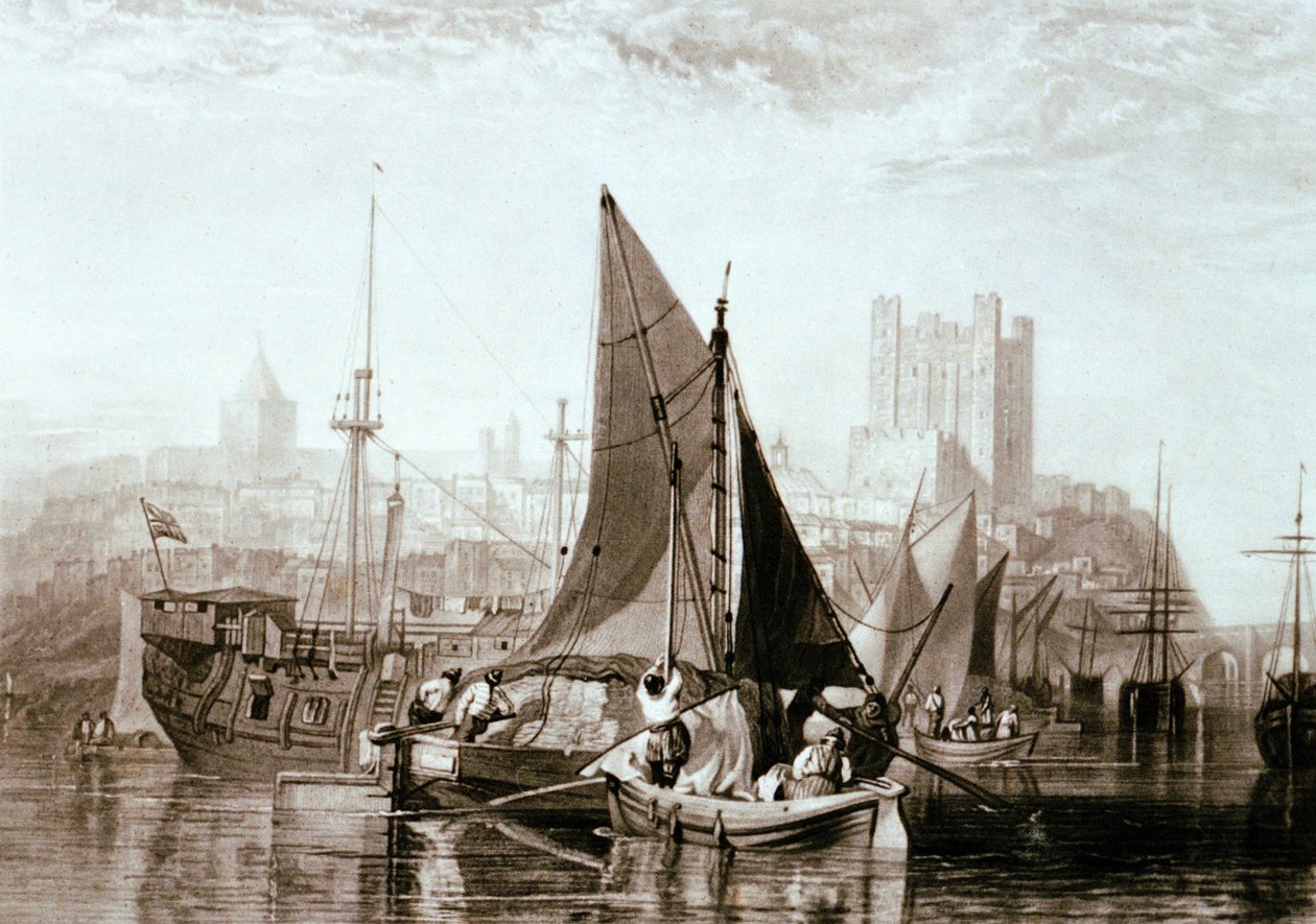 Themsens pram med hø, et fængselsskrog og andre varer ved Rochester på Medway-floden af Joseph Mallord William Turner