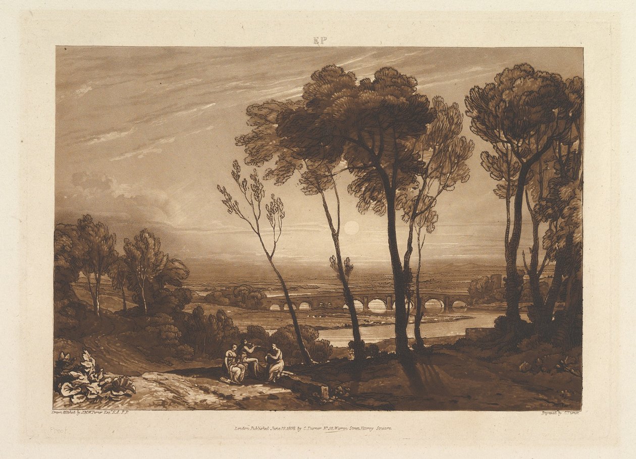 The Bridge in Middle Distance Liber Studiorum, del III, tavle 13, 10. juni 1808. af Joseph Mallord William Turner
