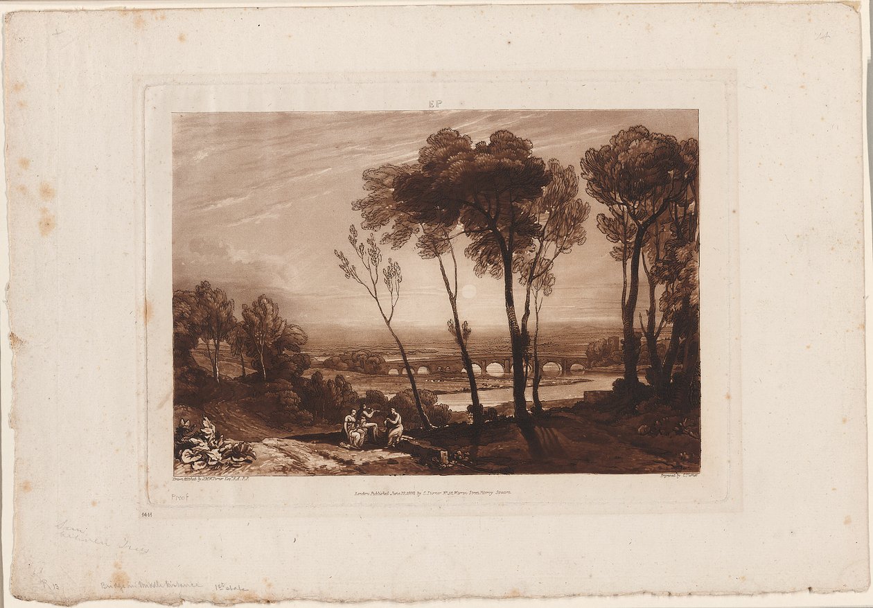 Broen i Mellemafstand, plade 13 fra Liber Studiorum af Joseph Mallord William Turner