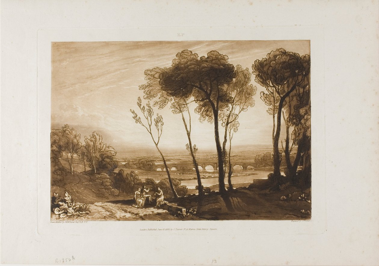 Broen i Mellemafstand, plade 13 fra Liber Studiorum af Joseph Mallord William Turner