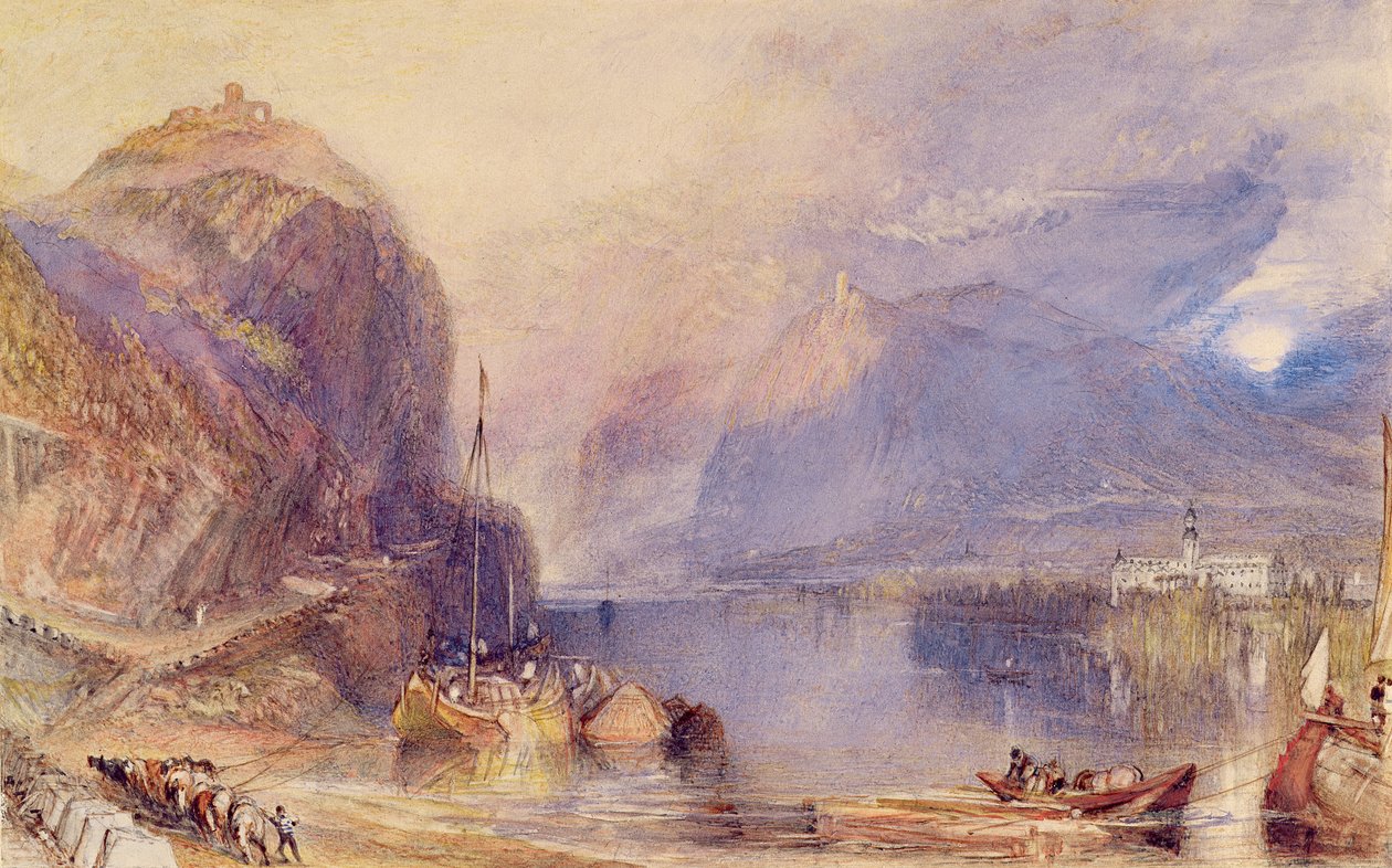 The Drachenfels, Tyskland, ca. 1823-24 (akvarel og kropsfarve med udskrabning over blyant på papir) af Joseph Mallord William Turner