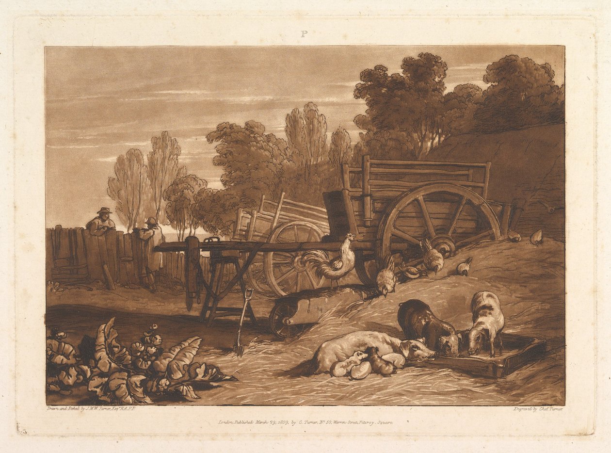 Gårdsgården med hanen Liber Studiorum, del IV, tavle 17, 29. marts 1809. af Joseph Mallord William Turner