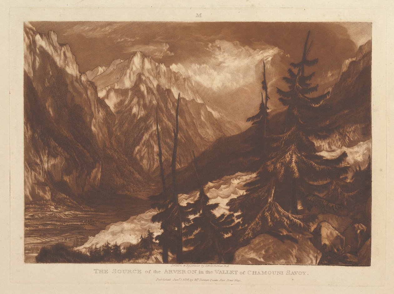 Kilden til Arvaron i Chamouni-dalen, Savoy Liber Studiorum, pa..., 1. januar, af Joseph Mallord William Turner