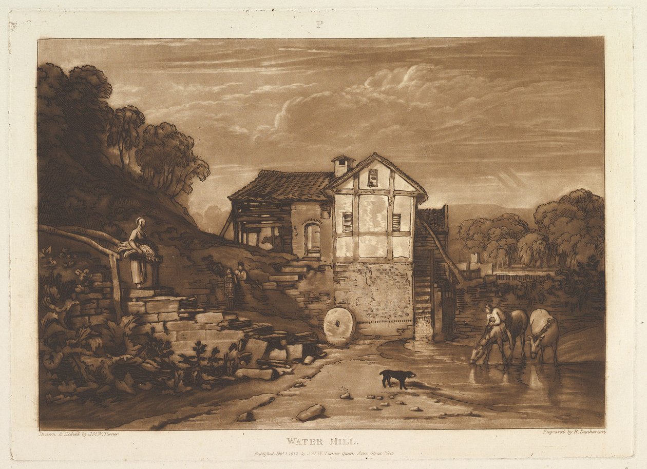 Vandmølle Liber Studiorum, del VIII, plade 37, 1. februar 1812. af Joseph Mallord William Turner