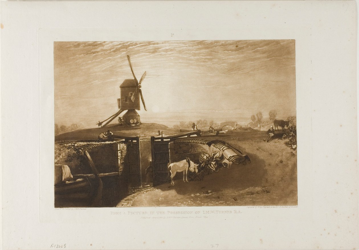 Vindmølle og lås, plade 27 fra Liber Studiorum af Joseph Mallord William Turner