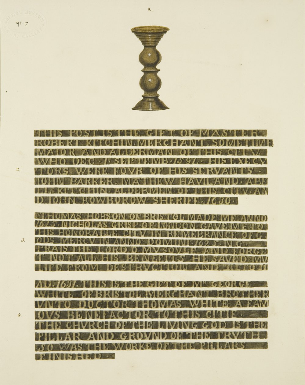 Bronzesøjle (søm) nr. 2, med inskriptioner af nr. 2, 3 og 4 (blyant og akvarel på papir) af Joseph Manning