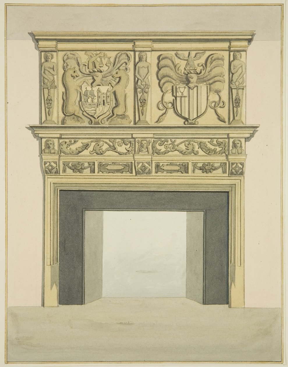 Skorstensstykke i tidligere bolig for Sir John Knight, Temple Street (akvarel på papir) af Joseph Manning