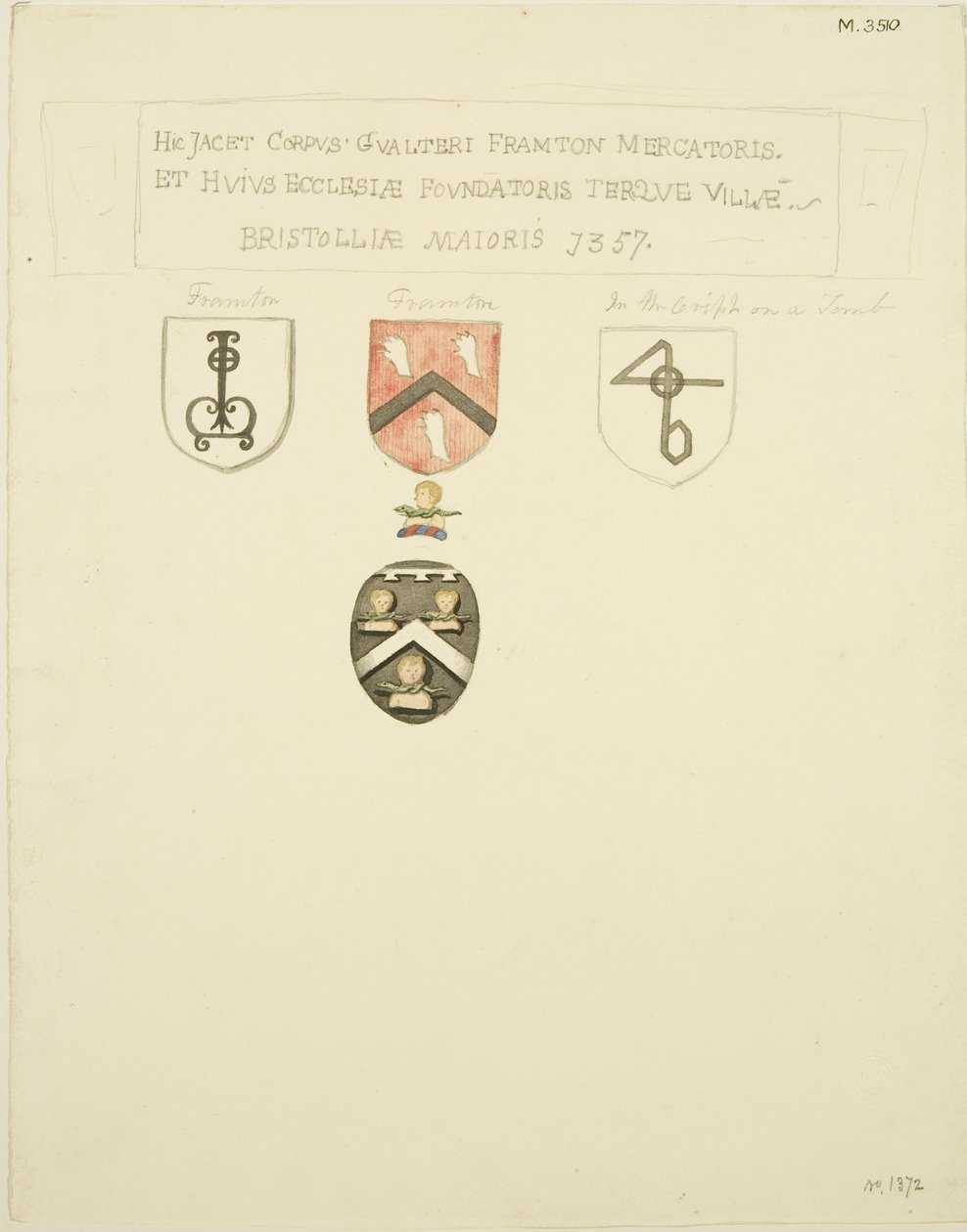Våbenskjolde på Framptons grav [Frampton] 1357 (blyant og akvarel på papir) af Joseph Manning