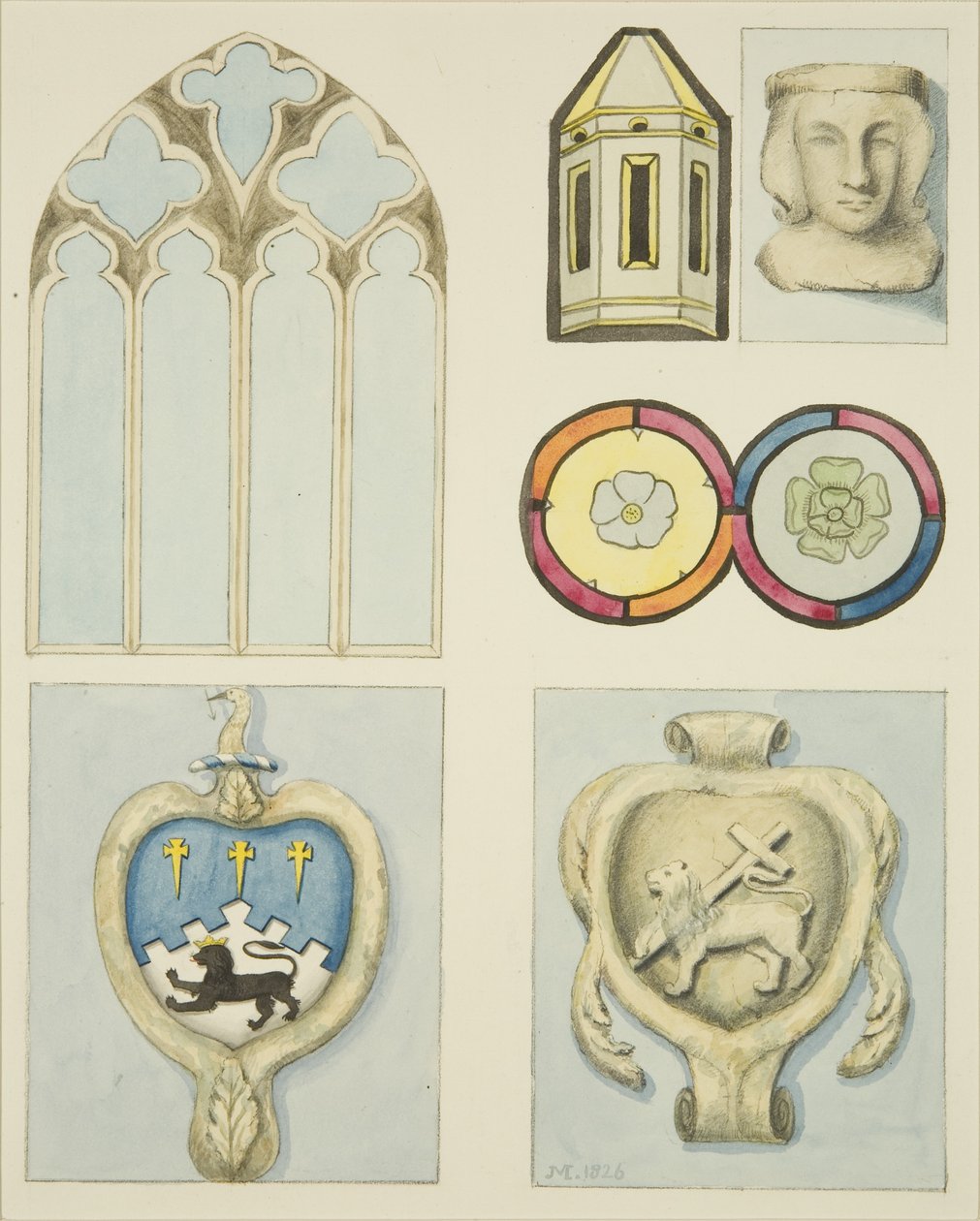 Detaljer om interiøret i Temple Church (akvarel på papir) af Joseph Manning