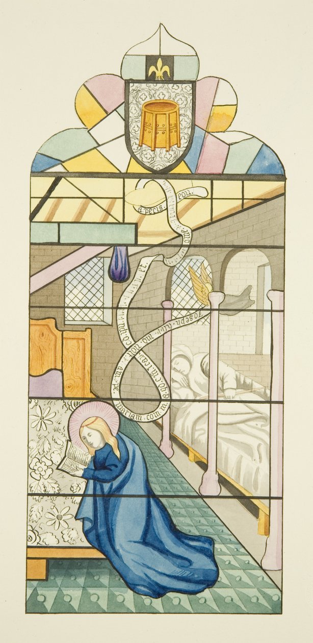 Detaljer af farvet glas fra Markus, der danner en scene fra Jomfruens liv (akvarel på papir) af Joseph Manning