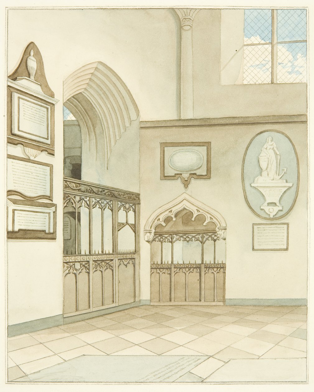 Slutningen af den sydlige tværarm af Bristol Cathedral (akvarel på papir) af Joseph Manning
