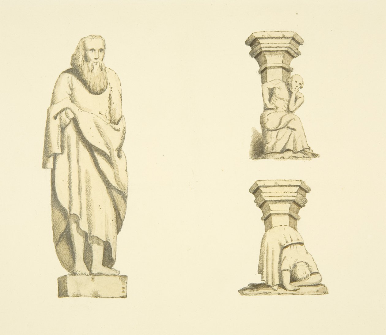 Figur og to bindingsværk i nicher af Tower of St Mary Redcliffe (akvarel på papir) af Joseph Manning