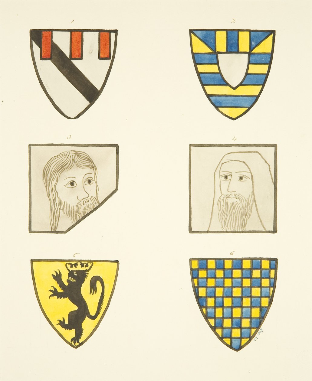 Fire våbenskjolde og to hoveder i farvede glasvinduer nord og syd for koret i Bristol Cathedral (akvarel på papir) af Joseph Manning