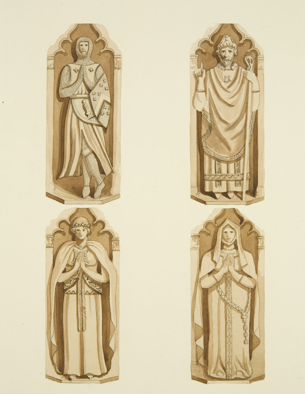 Fire figurer, der dekorerer dørene lavet af Clarke, på hver side af alteret i St Mark