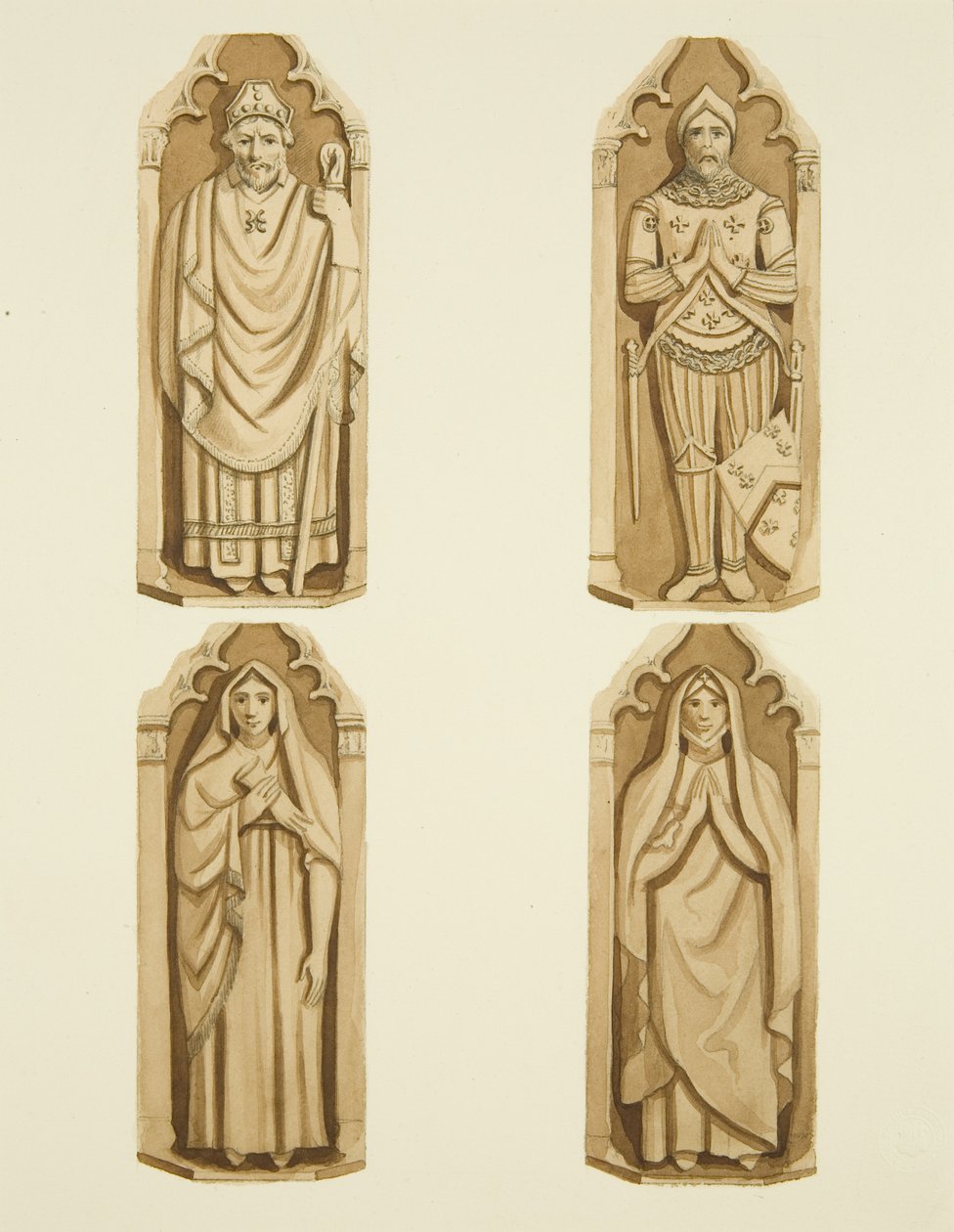 Fire figurer, der dekorerer dørene lavet af Clarke, på hver side af alteret i St Mark