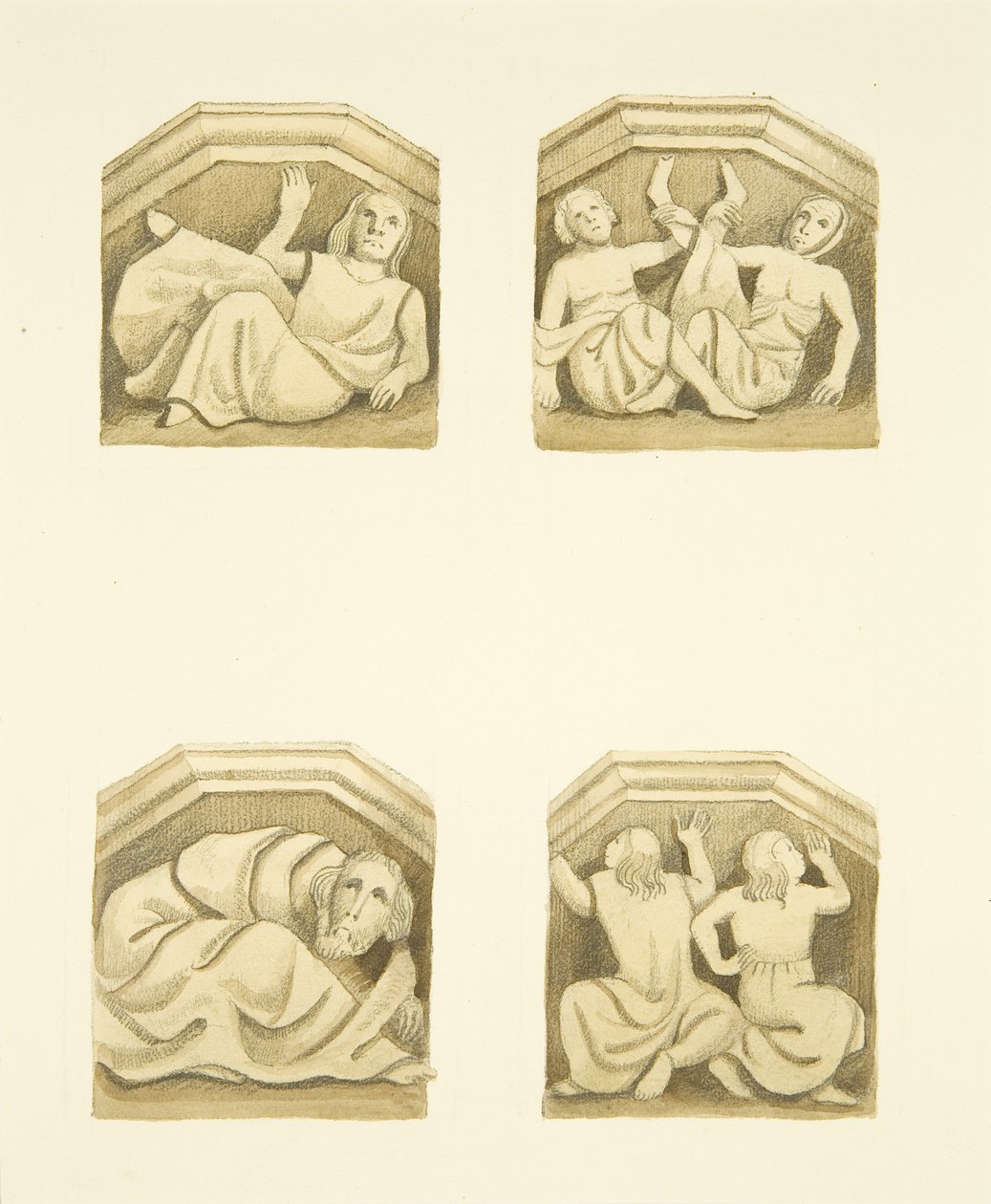 Fire spær i nord veranda (oprindeligt understøttende statuer) af St Mary Redcliffe (akvarel på papir) af Joseph Manning