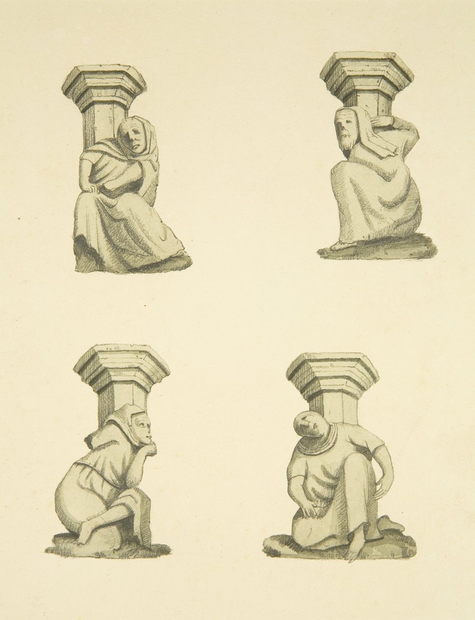 Fire spær på tårnet (oprindeligt understøttende statuer) af St Mary Redcliffe (akvarel på papir) af Joseph Manning