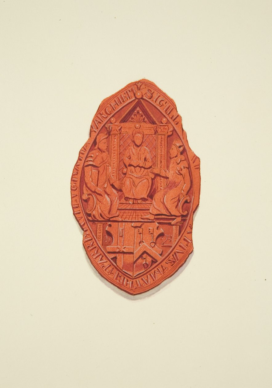 Forsiden af Matthew Parkers segl, ærkebiskop af Canterbury, til Will of Thomas Alyce, Merchant af Joseph Manning