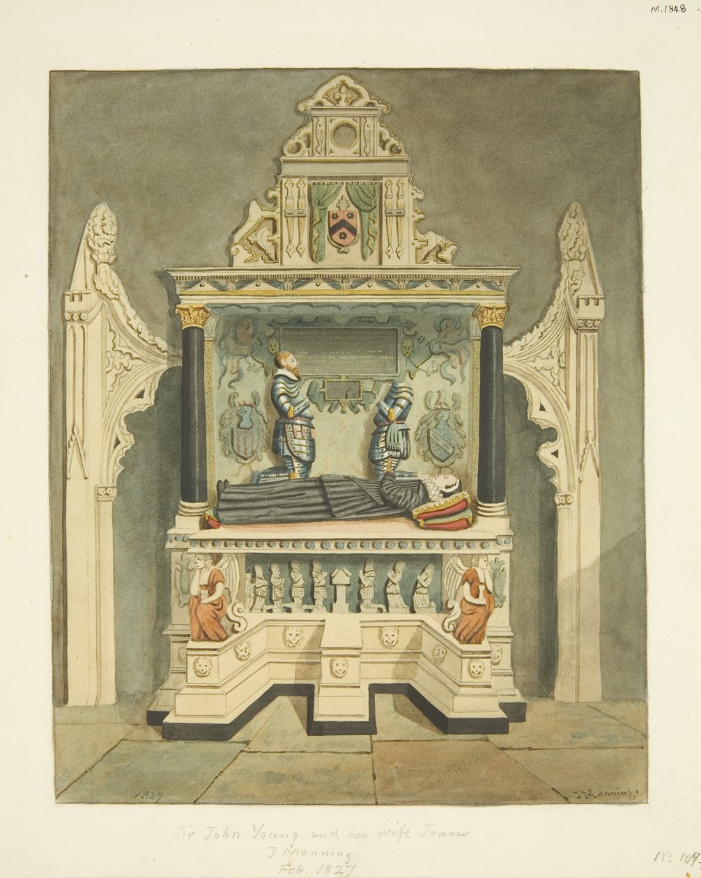 Monument til Sir John Young og hans kone Joan (født Wadham) i Bristol Cathedral (blyant og akvarel på papir) af Joseph Manning