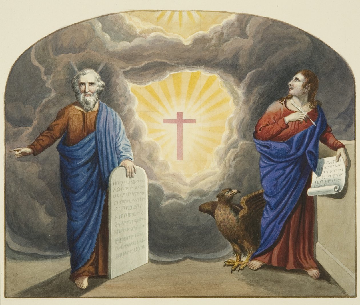 Malet vindue over Christ Church alter, viser Moses og Johannes Evangelisten (akvarel på papir) af Joseph Manning