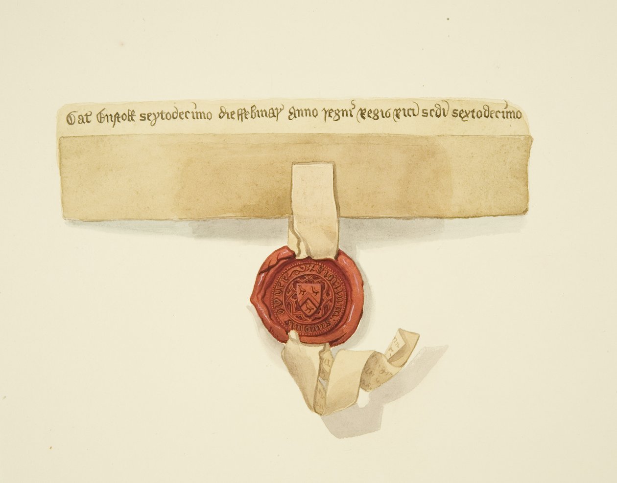 Segl fastgjort til bunden af et skøde, ca. 1825 (blyant og akvarel på papir) af Joseph Manning