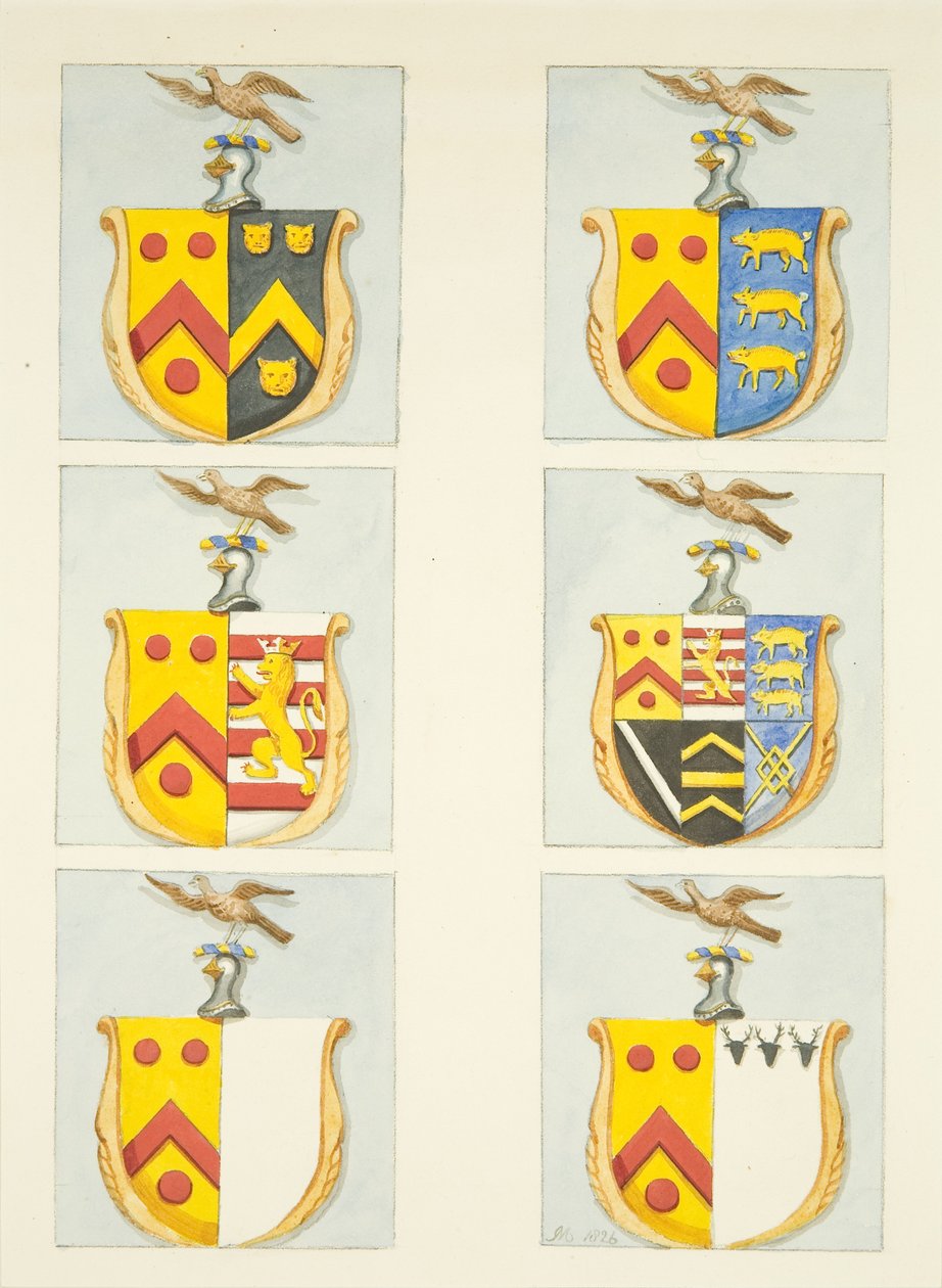 Seks våbenskjolde i farvede glasvinduer i nord- og sydgange (den østlige ende) af Bristol Cathedral (akvarel på papir) af Joseph Manning