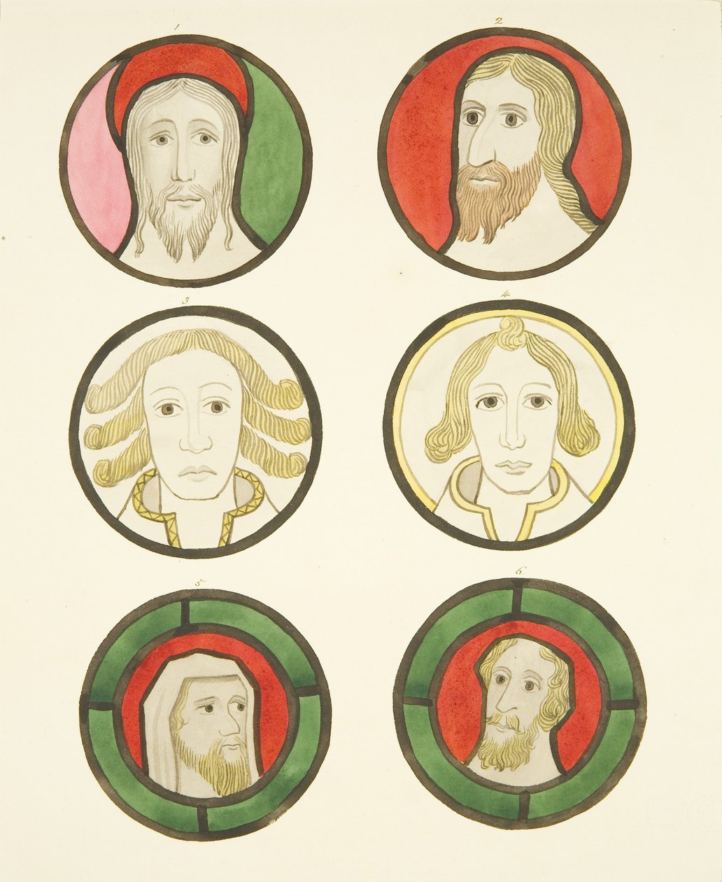 Seks hoveder i farvede glasvinduer nord og syd for koret i Bristol Cathedral (akvarel på papir) af Joseph Manning