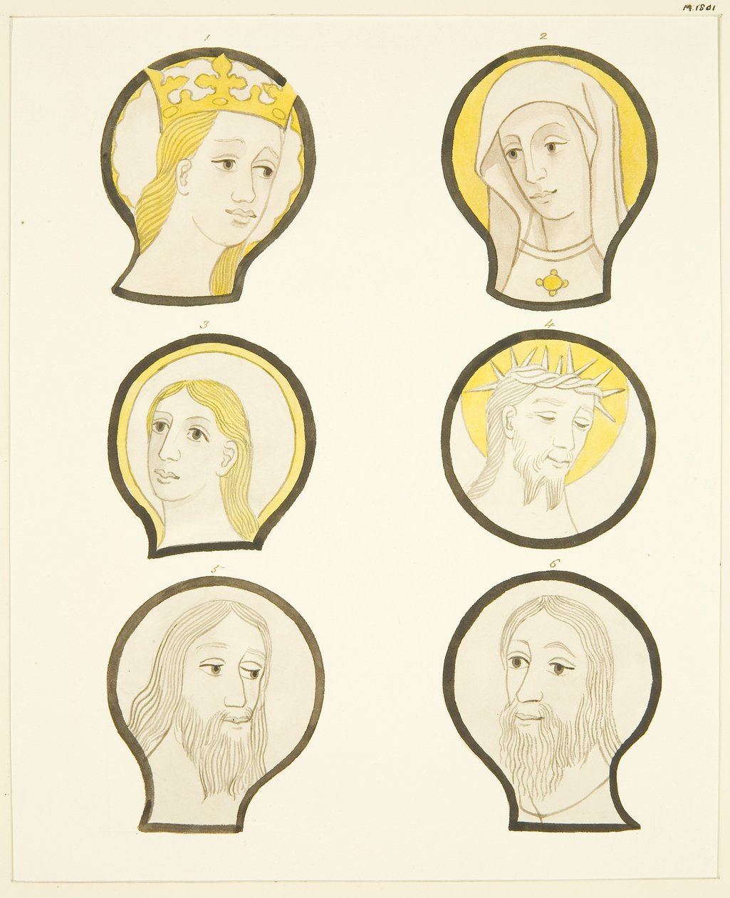 Seks hoveder i farvede glasvinduer syd for koret i Bristol Cathedral (akvarel på papir) af Joseph Manning