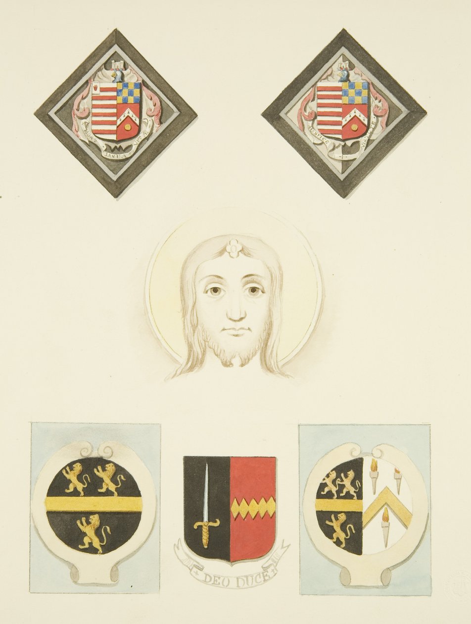 Glasmaleri, skilte og våbenskjolde i Peterskirken (akvarel på papir) af Joseph Manning