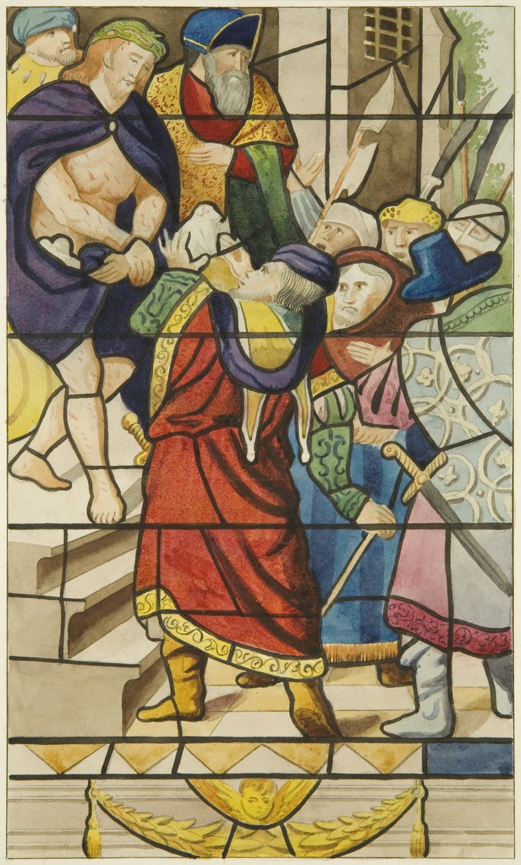 Glasmaleri i Markus - scene fra Kristi lidenskab (akvarel på papir) af Joseph Manning