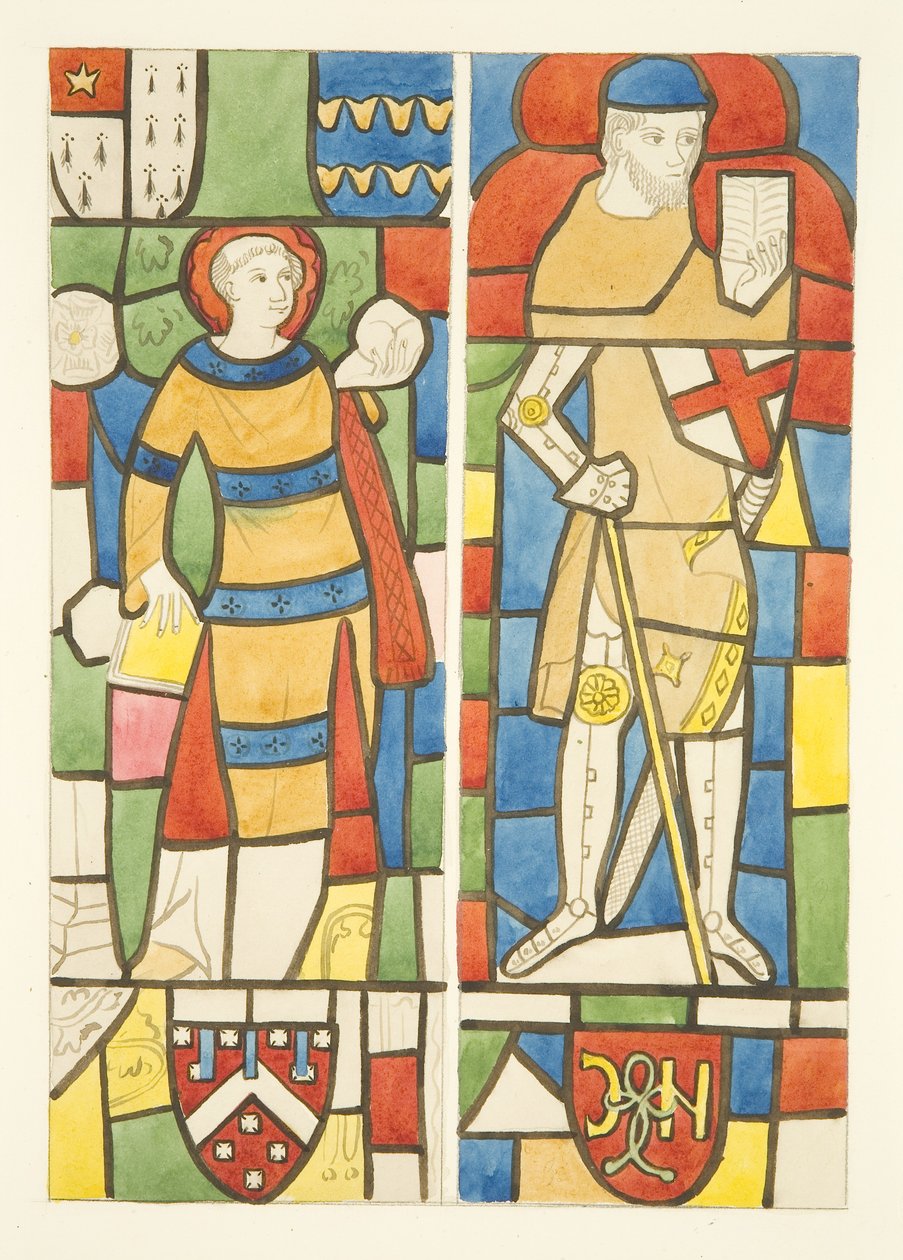 Glasmaleri i nord- og sydvinduer i koret i Bristol Cathedral (akvarel på papir) af Joseph Manning