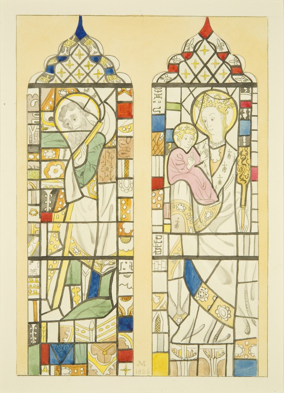 Farvet glas i vinduet over skrifttypen af St Mary Redcliffe (akvarel på papir) af Joseph Manning