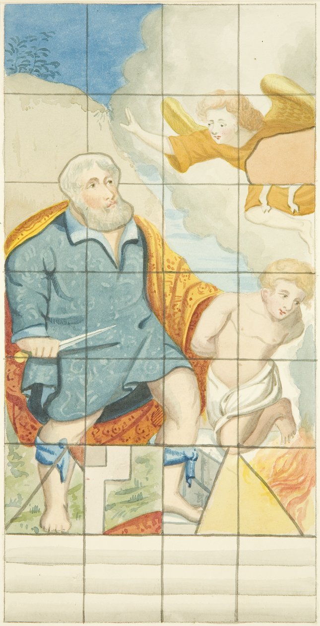Glasmosaikvindue i den østlige ende af den nordlige sidegang af Bristol Cathedral, der viser Abraham og Isaac (akvarel på papir) af Joseph Manning