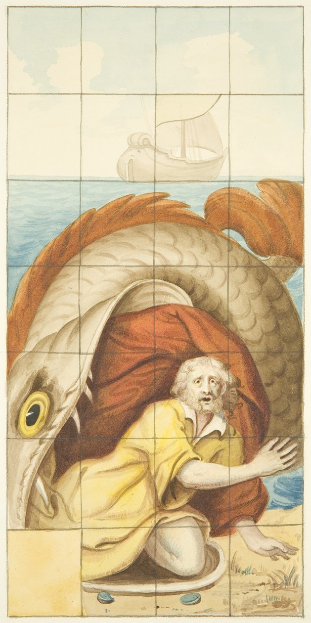 Glasmosaikvindue i den østlige ende af den nordlige sidegang af Bristol Cathedral, der viser Jonah and the Whale (akvarel på papir) af Joseph Manning