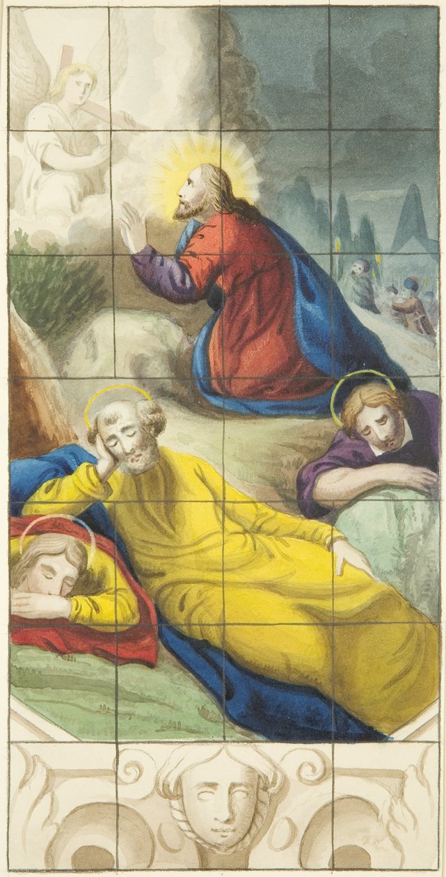 Glasmosaikvindue i den østlige ende af den nordlige sidegang af Bristol Cathedral, der viser Kristus i haven i en smerte (akvarel på papir) af Joseph Manning