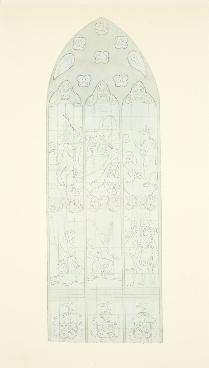 Glasmosaikvindue i den østlige ende af den sydlige sidegang af Bristol Cathedral (blyant og akvarel på papir) af Joseph Manning