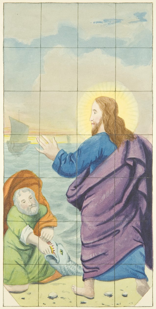 Glasmosaikvindue i den østlige ende af Bristol Cathedrals sydgang, der viser pengestykket i fiskens mund (akvarel på papir) af Joseph Manning