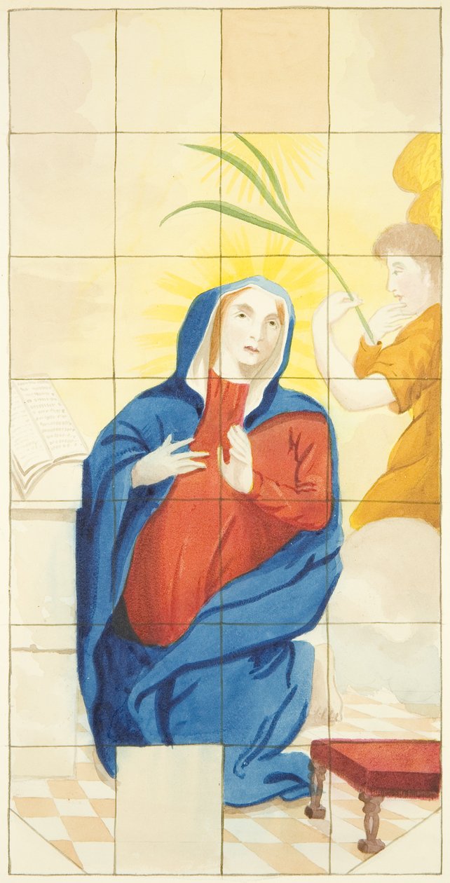 Glasmosaikvindue i den østlige ende af den sydlige sidegang af Bristol Cathedral, der viser bebudelsen (akvarel på papir) af Joseph Manning