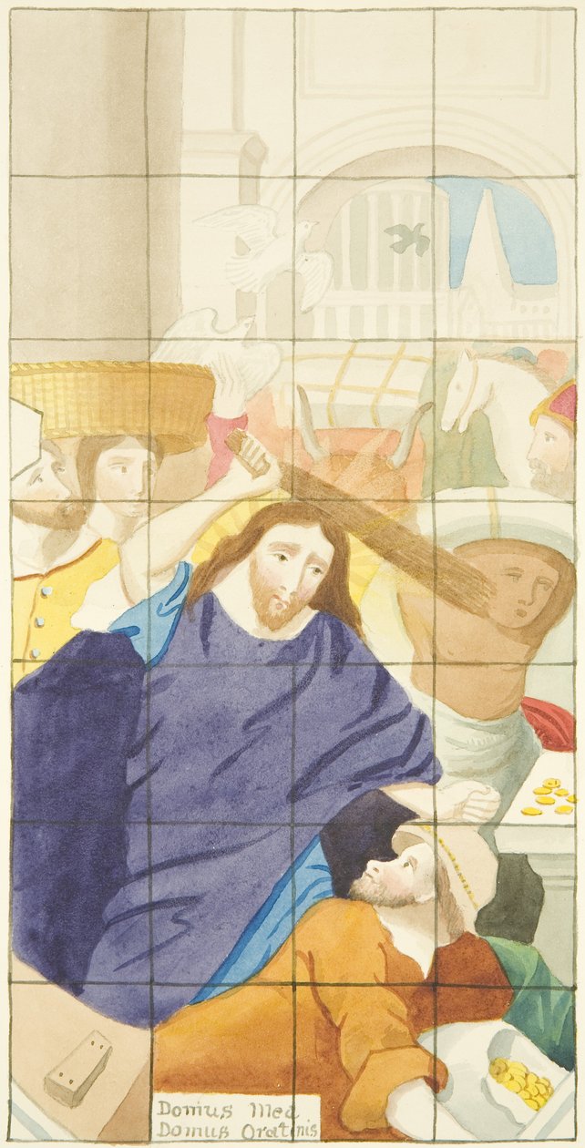 Glasmosaikvindue i den østlige ende af Bristol Cathedrals sydgang, der viser købere og sælgere i templet (akvarel på papir) af Joseph Manning