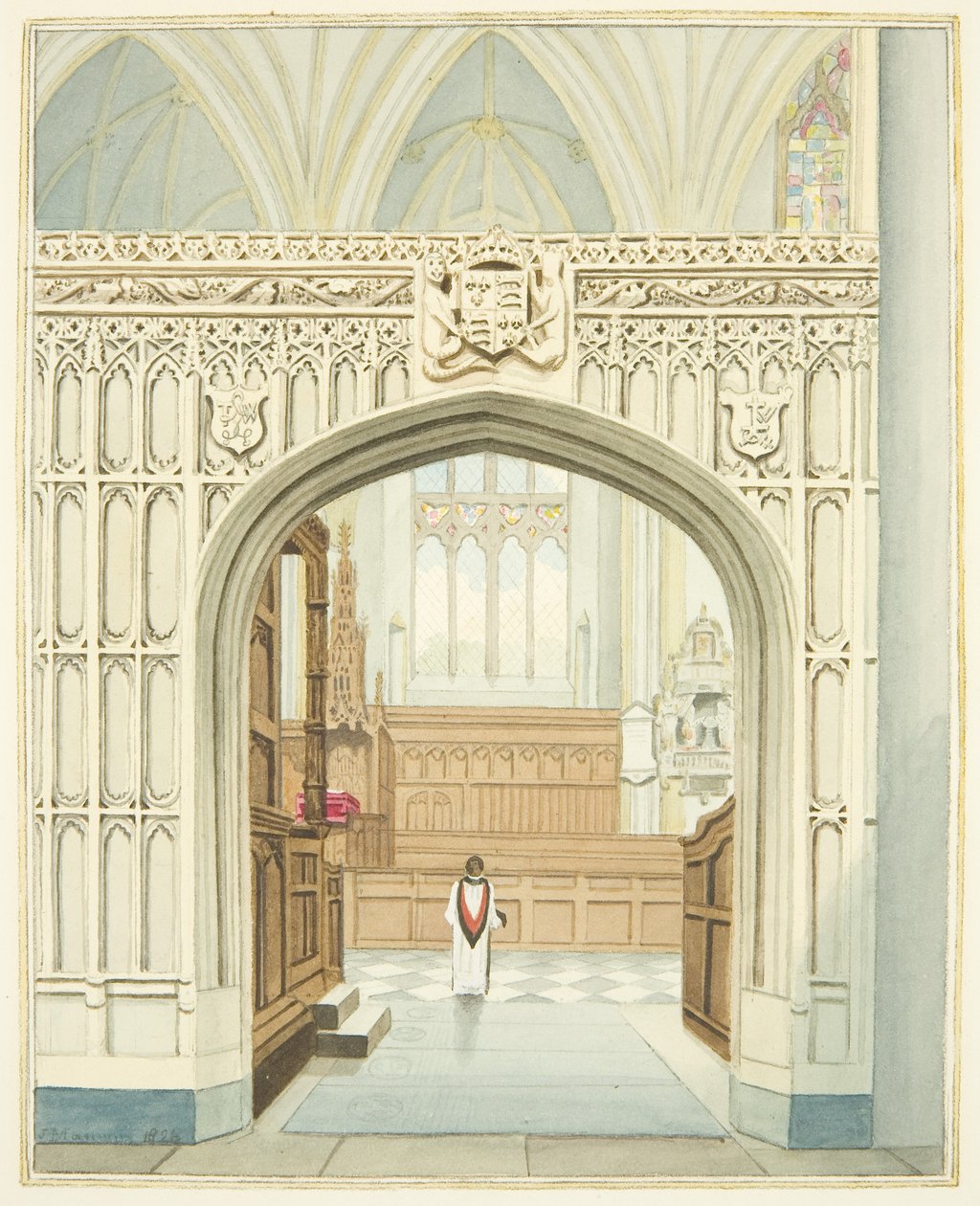 Koret fra den sydlige sideskib af Bristol Cathedral (akvarel på papir) af Joseph Manning