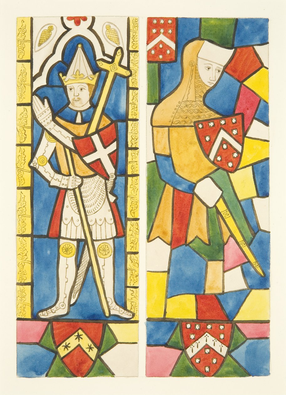 To figurer i farvede glasvinduer af kor i Bristol Cathedral (akvarel på papir) af Joseph Manning