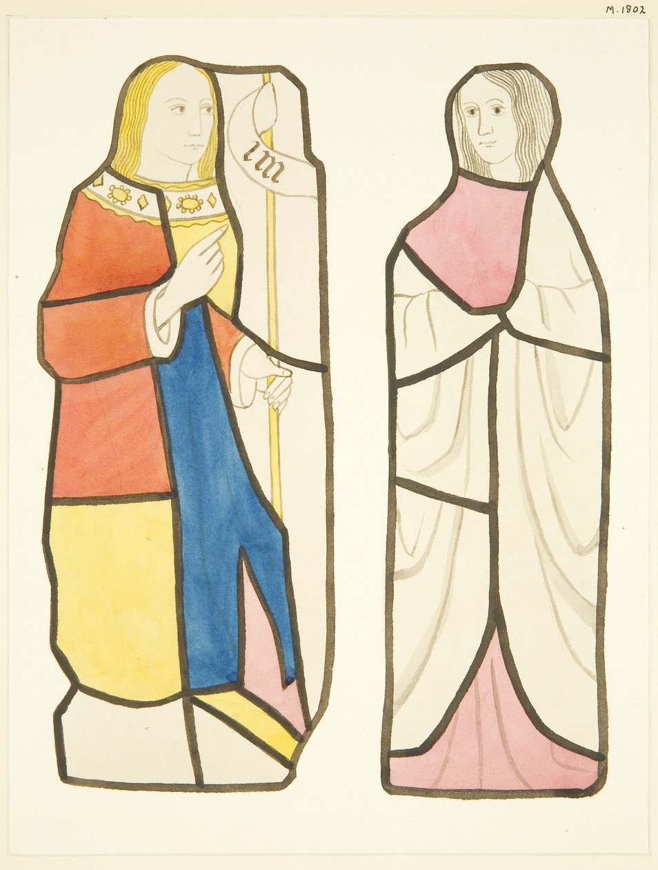 To figurer i farvede glasvinduer syd for koret i Bristol Cathedral (akvarel på papir) af Joseph Manning