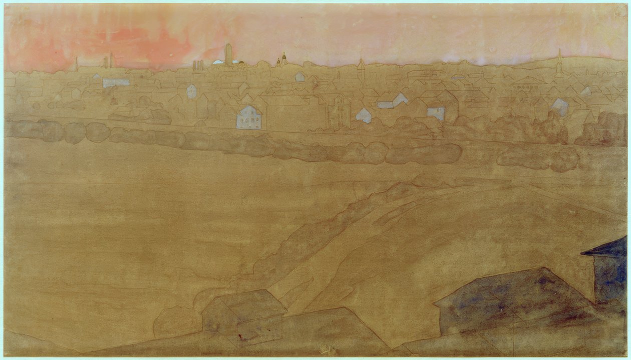 Bysilhuet af Darmstadt med bryllupstårnet af Joseph Maria Olbrich