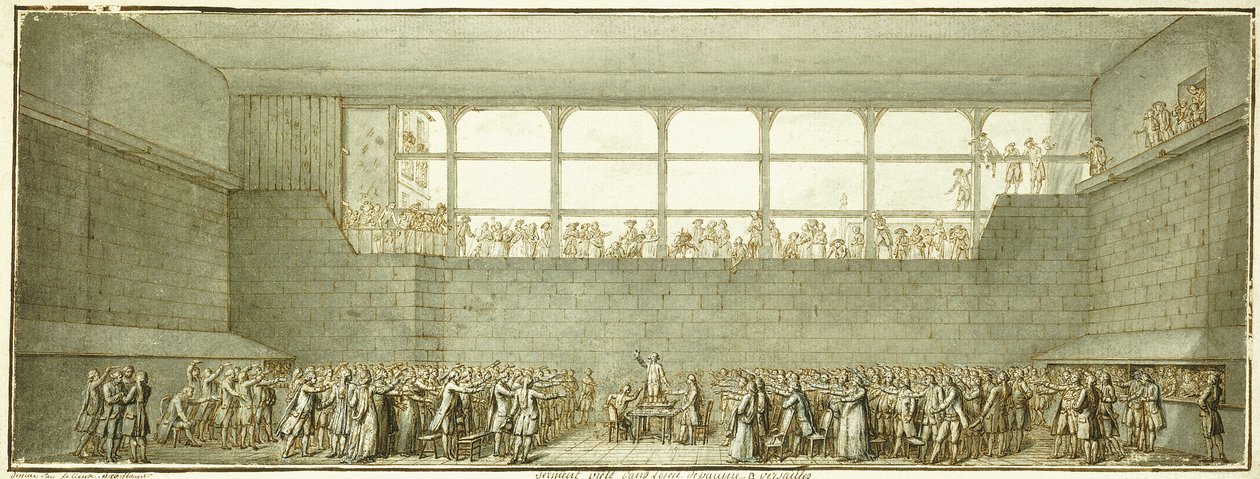 The Tennis Court Oath, ca. 1789 (sort kridt, pen og brunt blæk med grå vask) af Joseph Marie Flouest